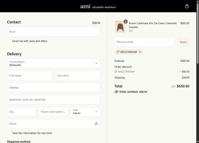 AMI PARIS checkout page showing AMI PARIS discount code box | Screenshot taken by SimplyCodes community member on Sep 9, 2025
