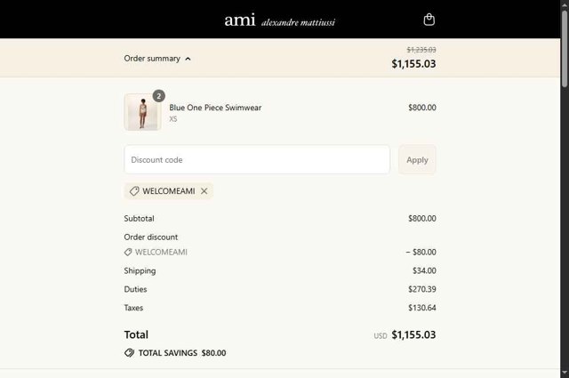 AMI PARIS checkout page showing AMI PARIS discount code box | Screenshot taken by SimplyCodes community member on Aug 25, 2025