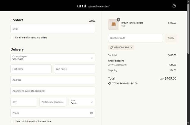 AMI PARIS checkout page showing AMI PARIS discount code box | Screenshot taken by SimplyCodes community member on Jul 16, 2025
