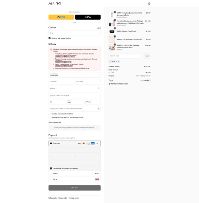 Amiro checkout page showing Amiro discount code box | Screenshot taken by SimplyCodes community member on Sep 5, 2025