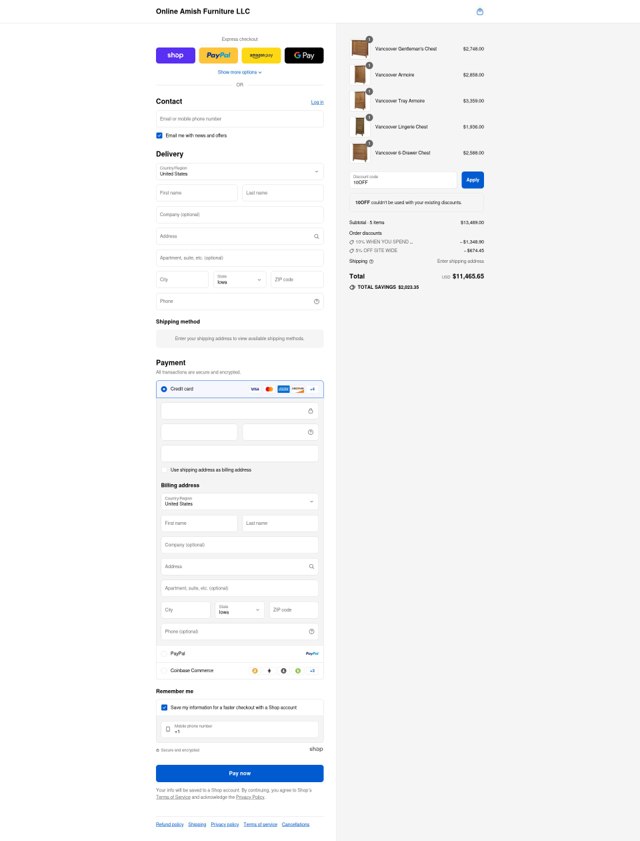 Online Amish Furniture checkout page showing Online Amish Furniture coupon code box | Screenshot taken by SimplyCodes community member on Aug 31, 2025