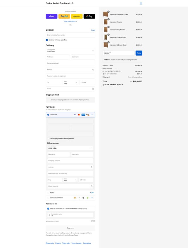 Online Amish Furniture checkout page showing Online Amish Furniture coupon code box | Screenshot taken by SimplyCodes community member on Sep 4, 2025
