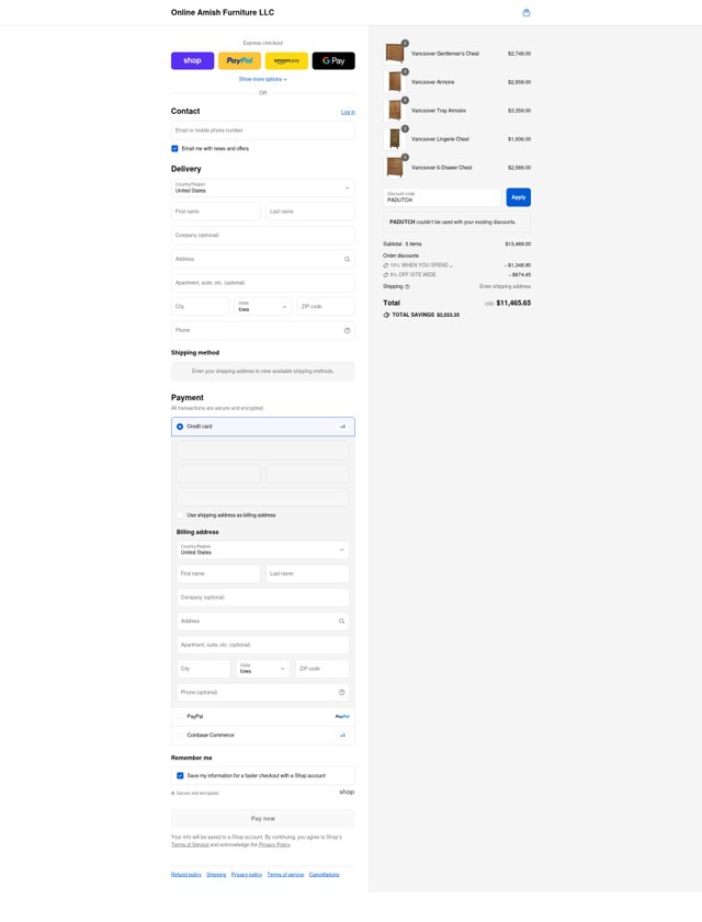 Online Amish Furniture checkout page showing Online Amish Furniture coupon code box | Screenshot taken by SimplyCodes community member on Aug 31, 2025