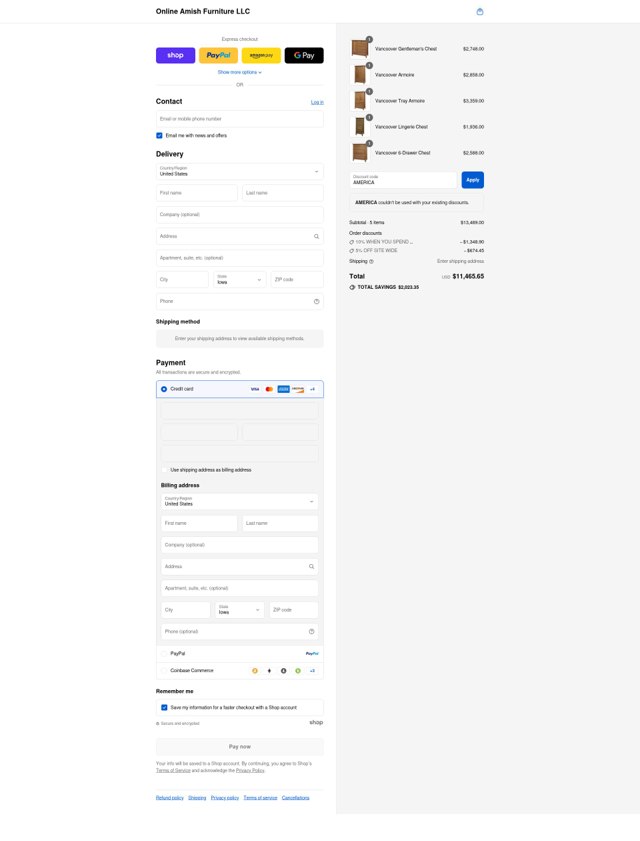 Online Amish Furniture checkout page showing Online Amish Furniture coupon code box | Screenshot taken by SimplyCodes community member on Aug 31, 2025