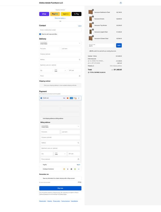 Online Amish Furniture checkout page showing Online Amish Furniture coupon code box | Screenshot taken by SimplyCodes community member on Aug 31, 2025