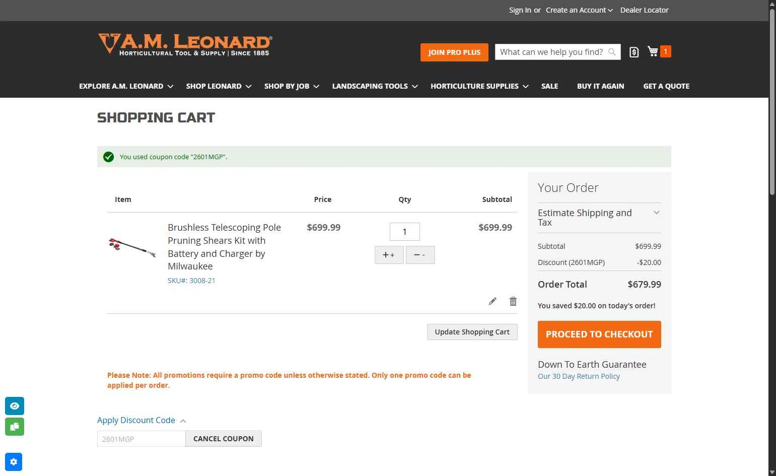 A.M. Leonard checkout page showing A.M. Leonard discount code box | Screenshot taken by SimplyCodes community member on Jan 12, 2026