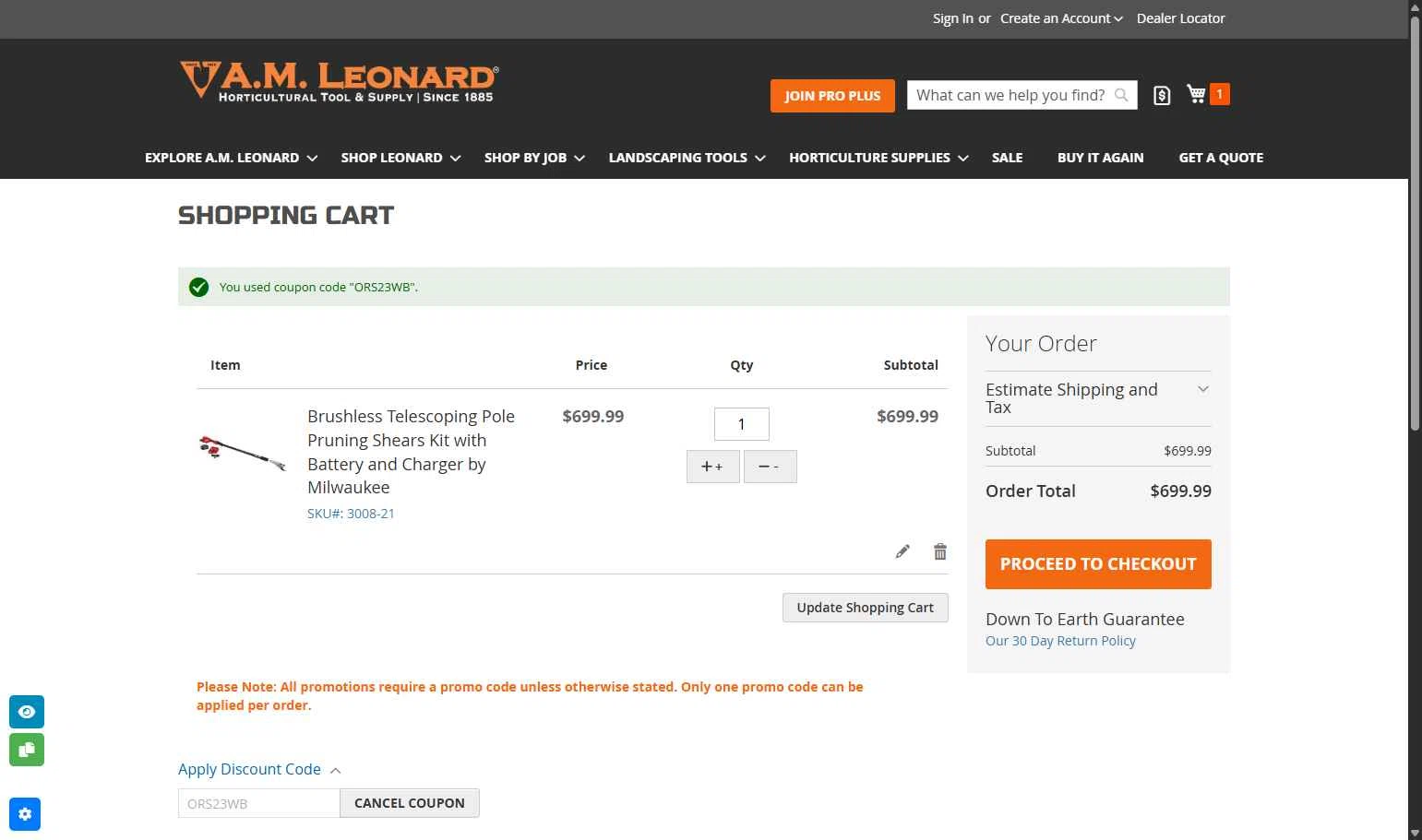 A.M. Leonard checkout page showing A.M. Leonard discount code box | Screenshot taken by SimplyCodes community member on Jan 11, 2026