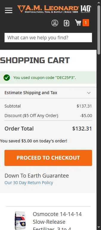 A.M. Leonard checkout page showing A.M. Leonard discount code box | Screenshot taken by SimplyCodes community member on Dec 31, 2025