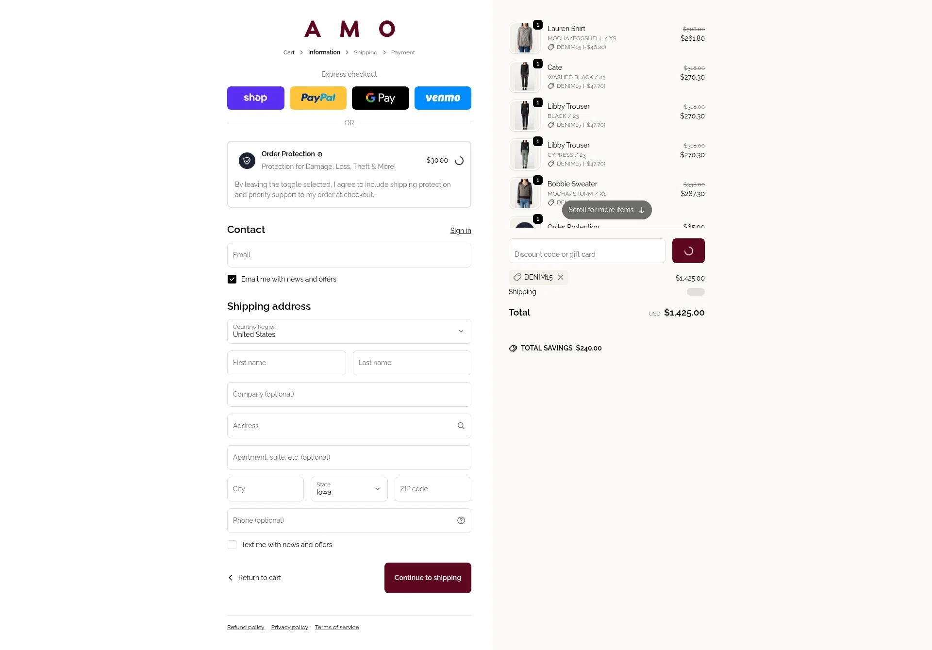 AMO Denim checkout page showing AMO Denim promo code box | Screenshot taken by SimplyCodes community member on Feb 17, 2026