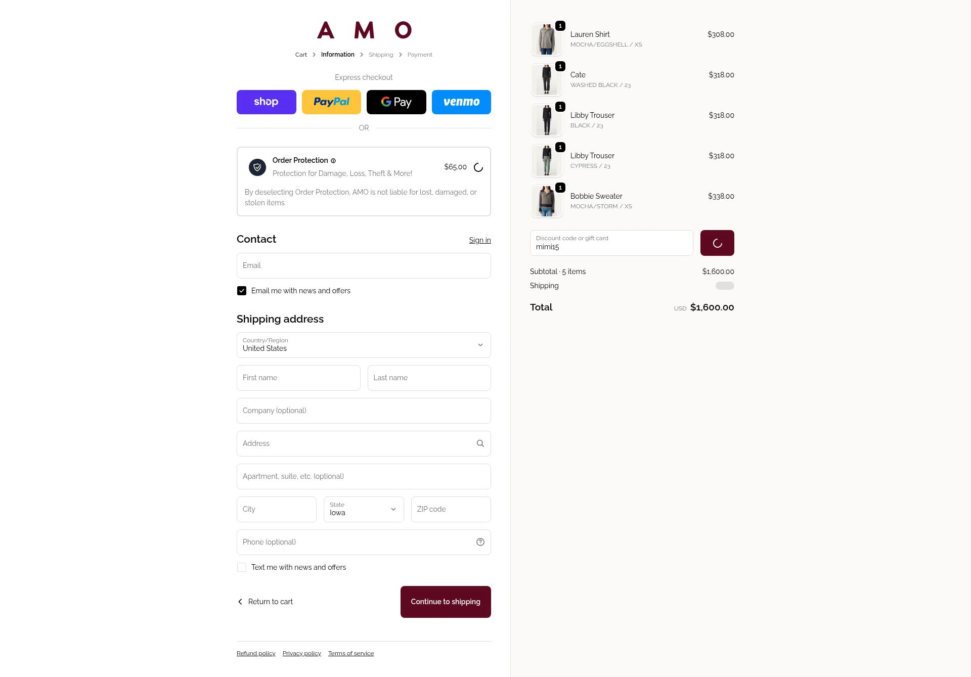 AMO Denim checkout page showing AMO Denim promo code box | Screenshot taken by SimplyCodes community member on Feb 17, 2026