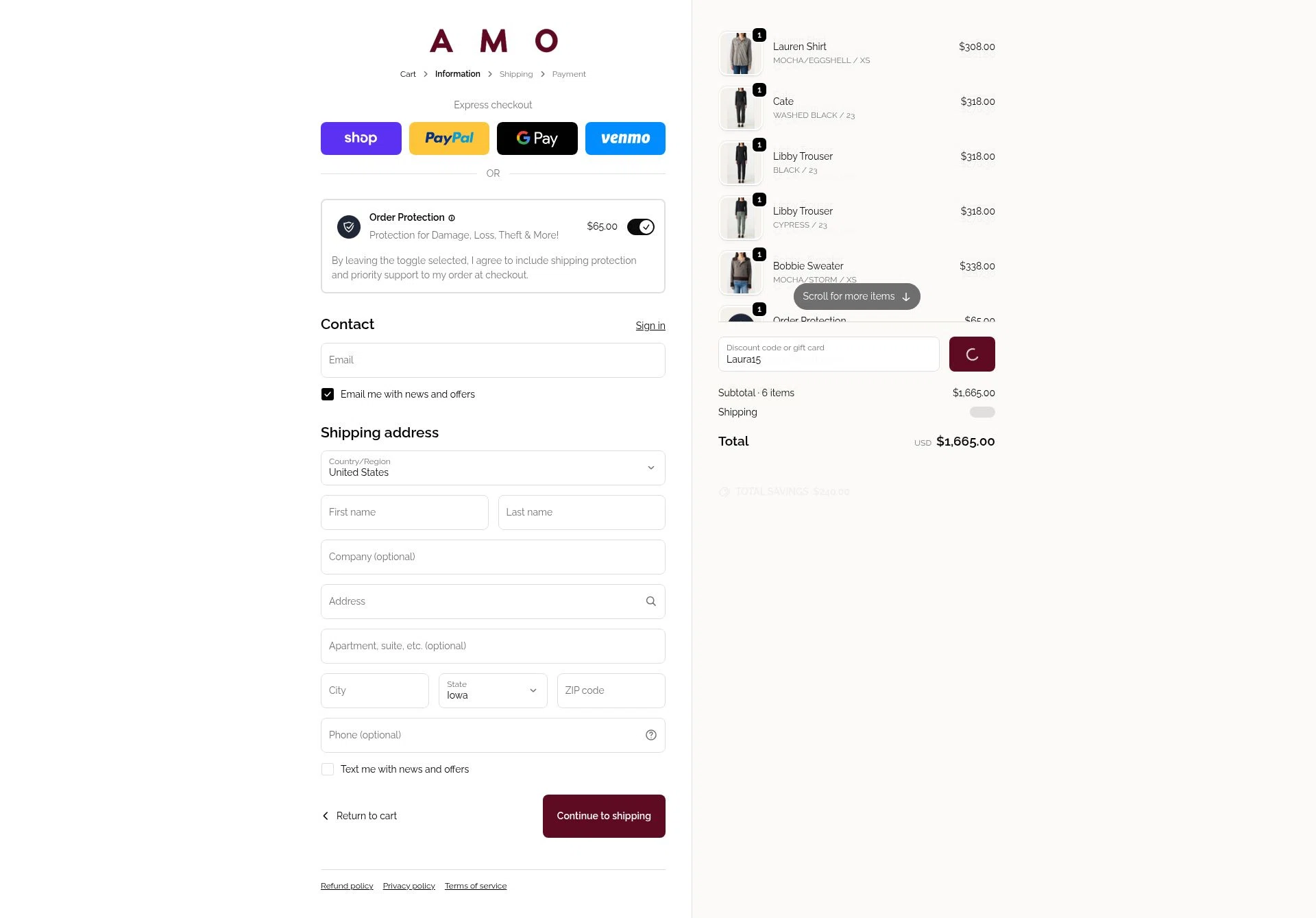 AMO Denim checkout page showing AMO Denim promo code box | Screenshot taken by SimplyCodes community member on Feb 17, 2026