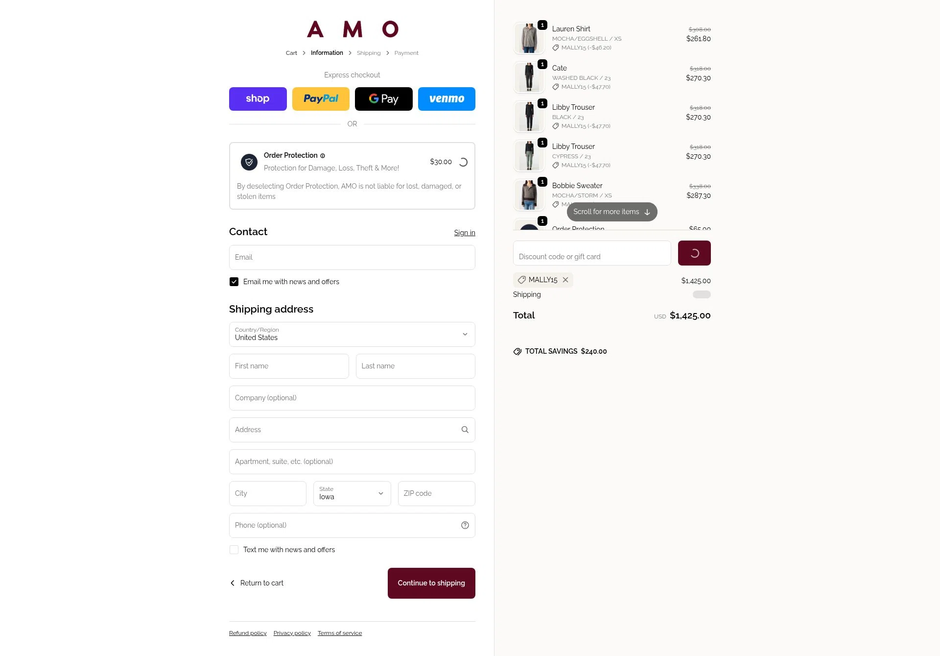 AMO Denim checkout page showing AMO Denim promo code box | Screenshot taken by SimplyCodes community member on Feb 17, 2026