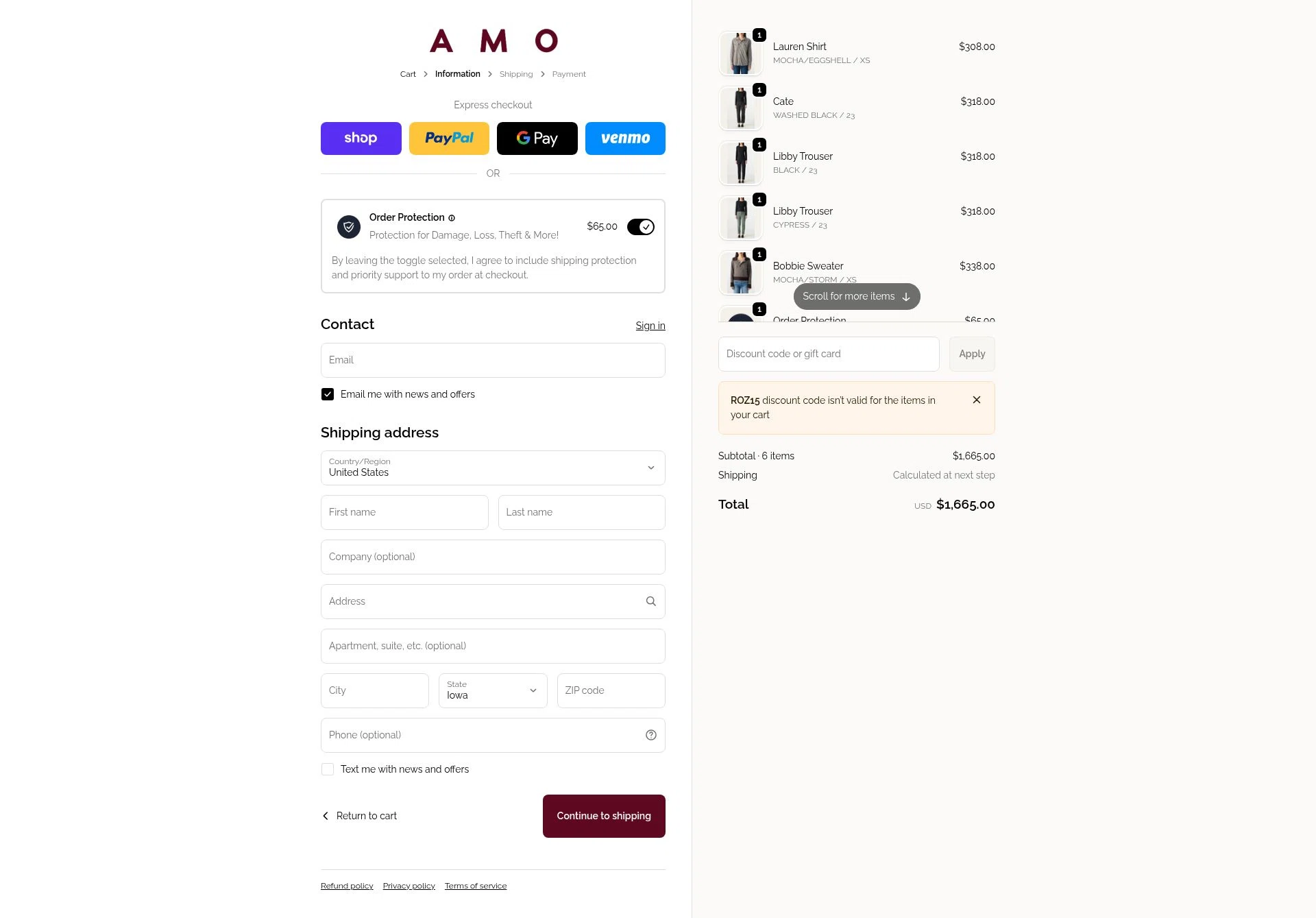 AMO Denim checkout page showing AMO Denim promo code box | Screenshot taken by SimplyCodes community member on Feb 17, 2026