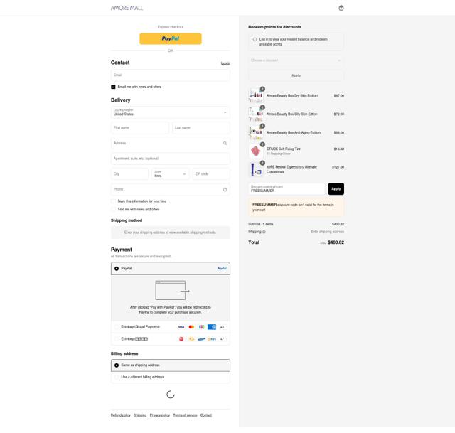 Amore Mall checkout page showing Amore Mall discount code box | Screenshot taken by SimplyCodes community member on Sep 8, 2025