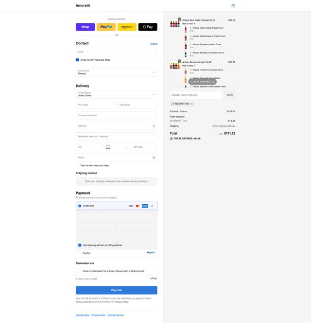 Amoretti checkout page showing Amoretti coupon code box | Screenshot taken by SimplyCodes community member on Sep 12, 2025