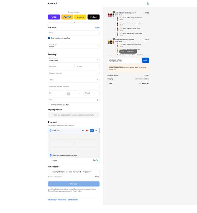 Amoretti checkout page showing Amoretti coupon code box | Screenshot taken by SimplyCodes community member on Sep 12, 2025
