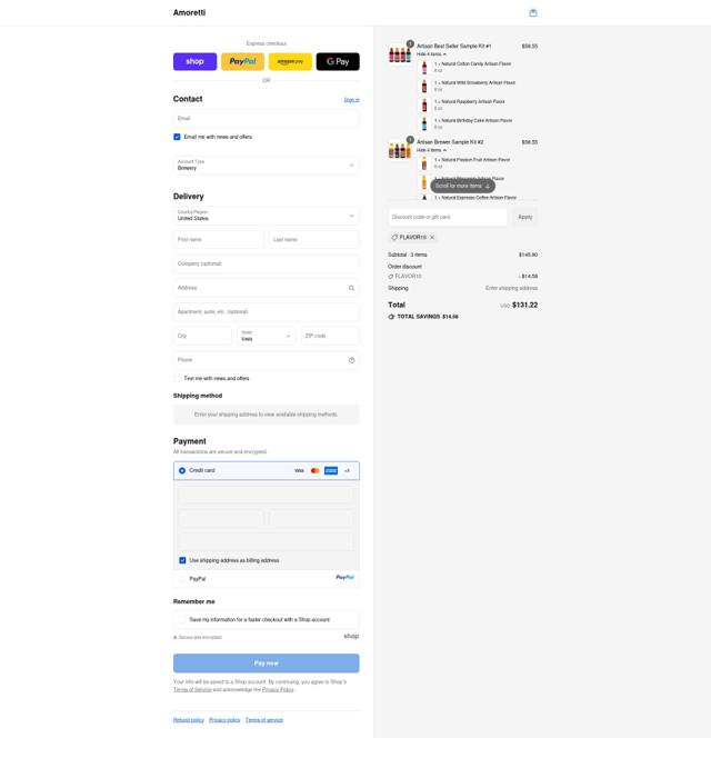 Amoretti checkout page showing Amoretti coupon code box | Screenshot taken by SimplyCodes community member on Sep 17, 2025
