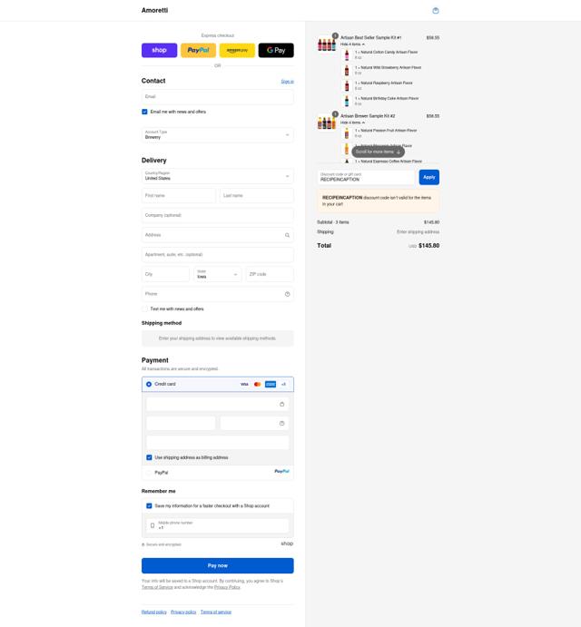 Amoretti checkout page showing Amoretti coupon code box | Screenshot taken by SimplyCodes community member on Sep 17, 2025