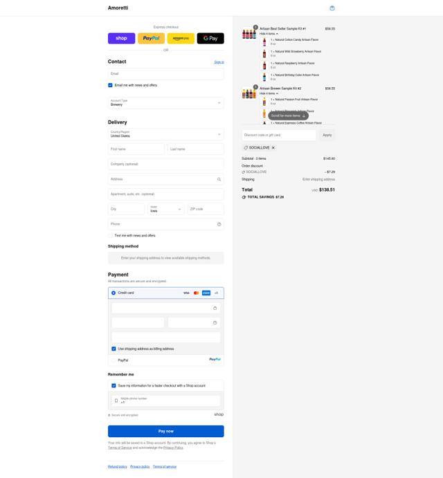 Amoretti checkout page showing Amoretti coupon code box | Screenshot taken by SimplyCodes community member on Sep 17, 2025
