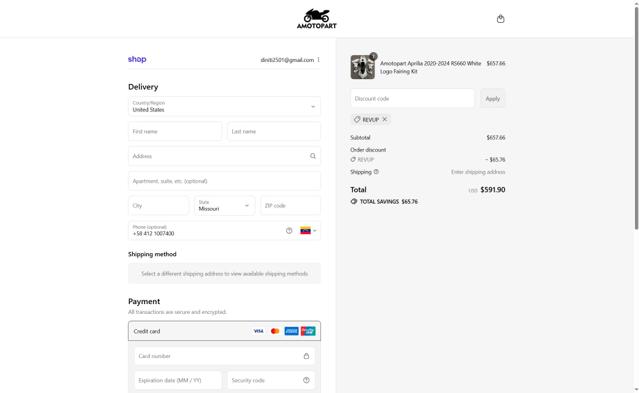 Amotopart checkout page showing Amotopart promo code box | Screenshot taken by SimplyCodes community member on Sep 14, 2025