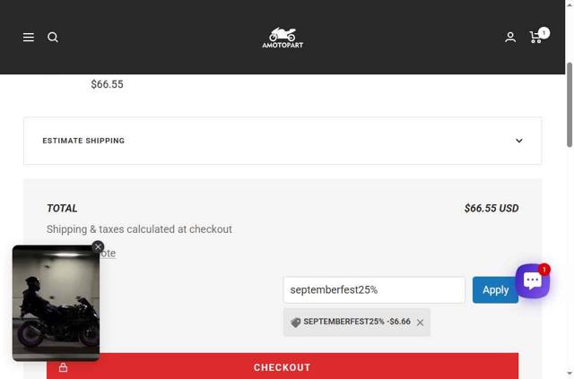 Amotopart checkout page showing Amotopart promo code box | Screenshot taken by SimplyCodes community member on Sep 10, 2025
