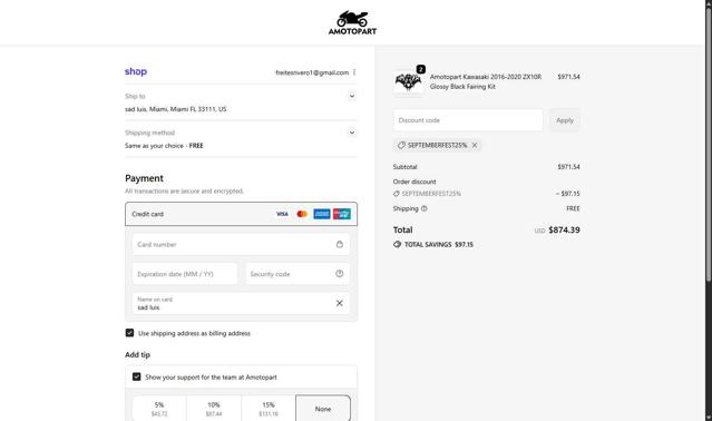 Amotopart checkout page showing Amotopart promo code box | Screenshot taken by SimplyCodes community member on Sep 18, 2025