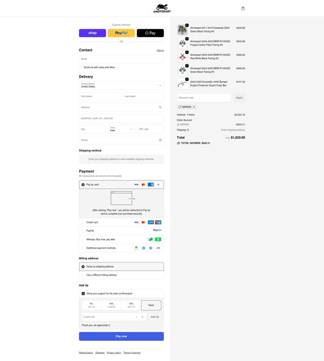 Amotopart checkout page showing Amotopart promo code box | Screenshot taken by SimplyCodes community member on Sep 20, 2025