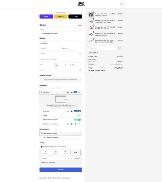 Amotopart checkout page showing Amotopart promo code box | Screenshot taken by SimplyCodes community member on Sep 10, 2025