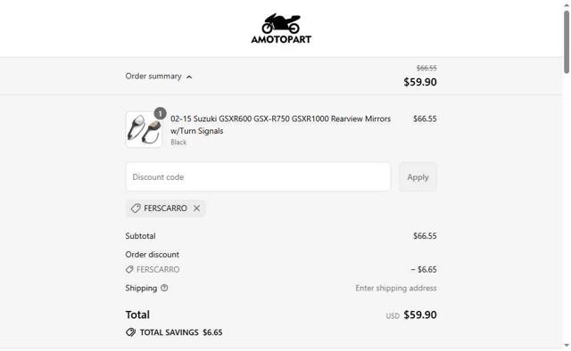 Amotopart checkout page showing Amotopart promo code box | Screenshot taken by SimplyCodes community member on Sep 14, 2025