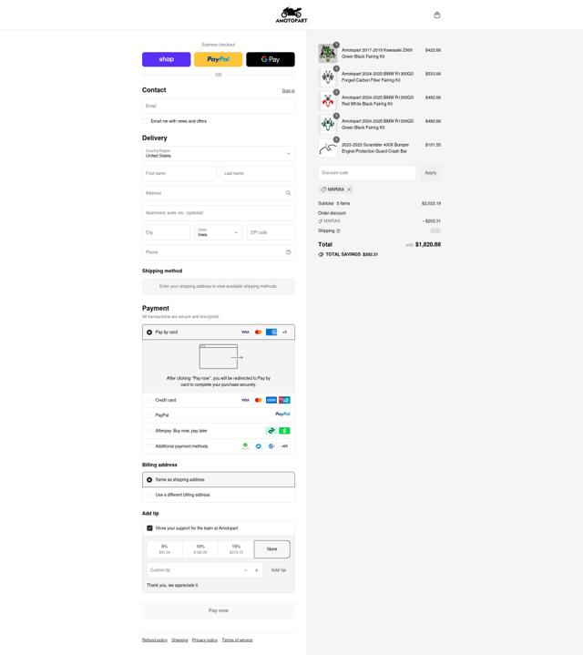 Amotopart checkout page showing Amotopart promo code box | Screenshot taken by SimplyCodes community member on Sep 10, 2025