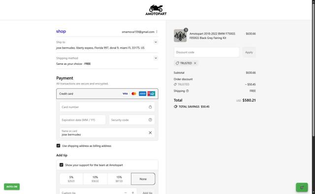 Amotopart checkout page showing Amotopart promo code box | Screenshot taken by SimplyCodes community member on Sep 14, 2025