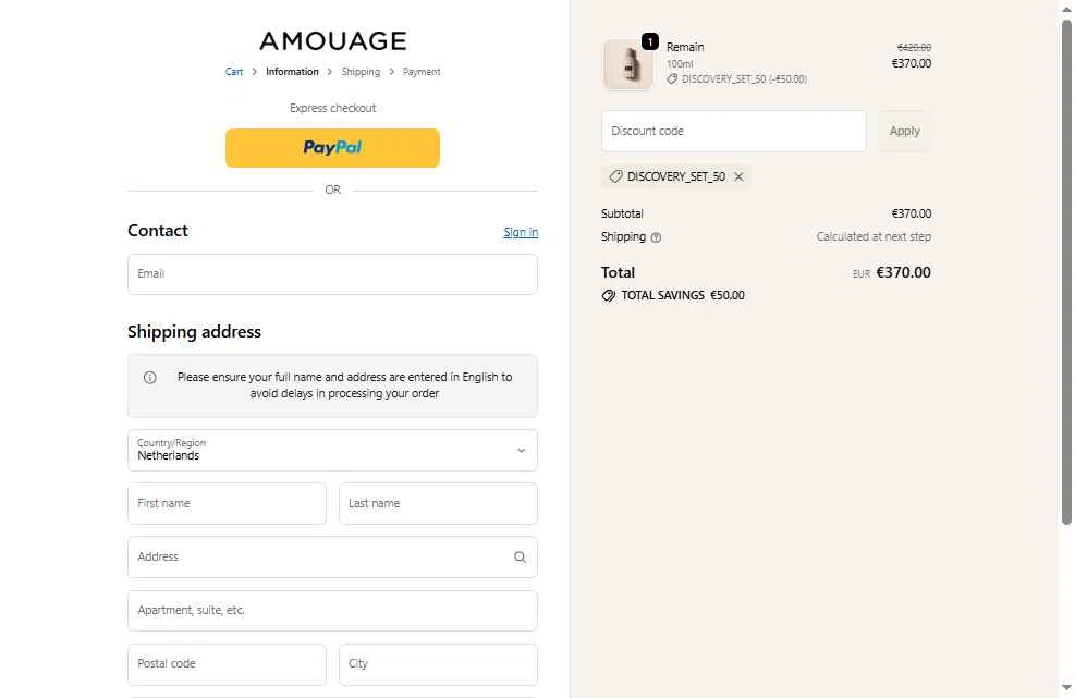 Amouage Fragrances checkout page showing Amouage Fragrances promo code box | Screenshot taken by SimplyCodes community member on Feb 9, 2026
