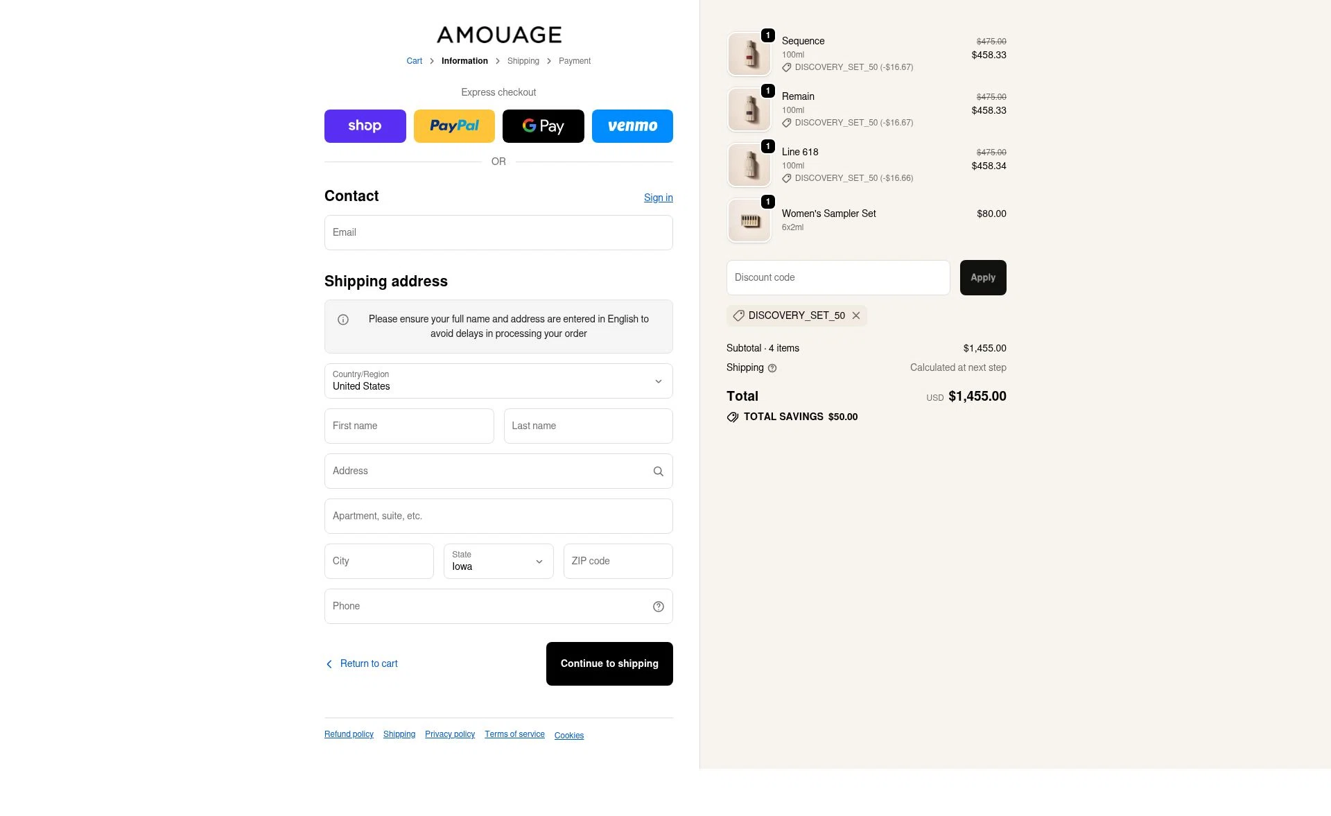 Amouage Fragrances checkout page showing Amouage Fragrances promo code box | Screenshot taken by SimplyCodes community member on Feb 20, 2026