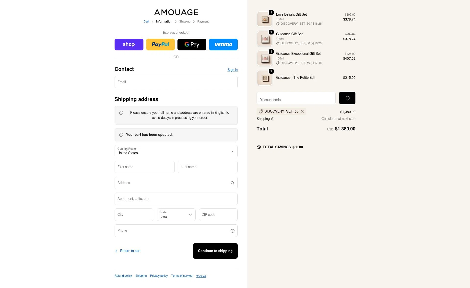 Amouage Fragrances checkout page showing Amouage Fragrances promo code box | Screenshot taken by SimplyCodes community member on Feb 24, 2026