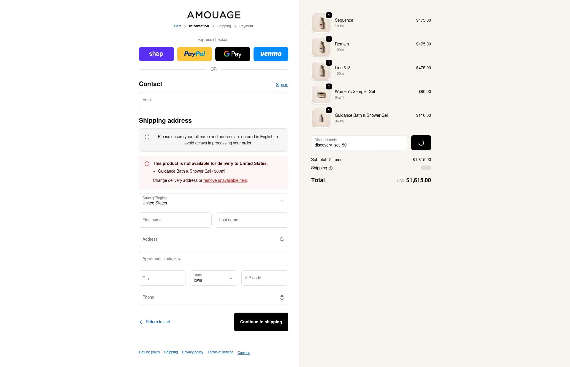 Amouage Fragrances checkout page showing Amouage Fragrances promo code box | Screenshot taken by SimplyCodes community member on Feb 12, 2026