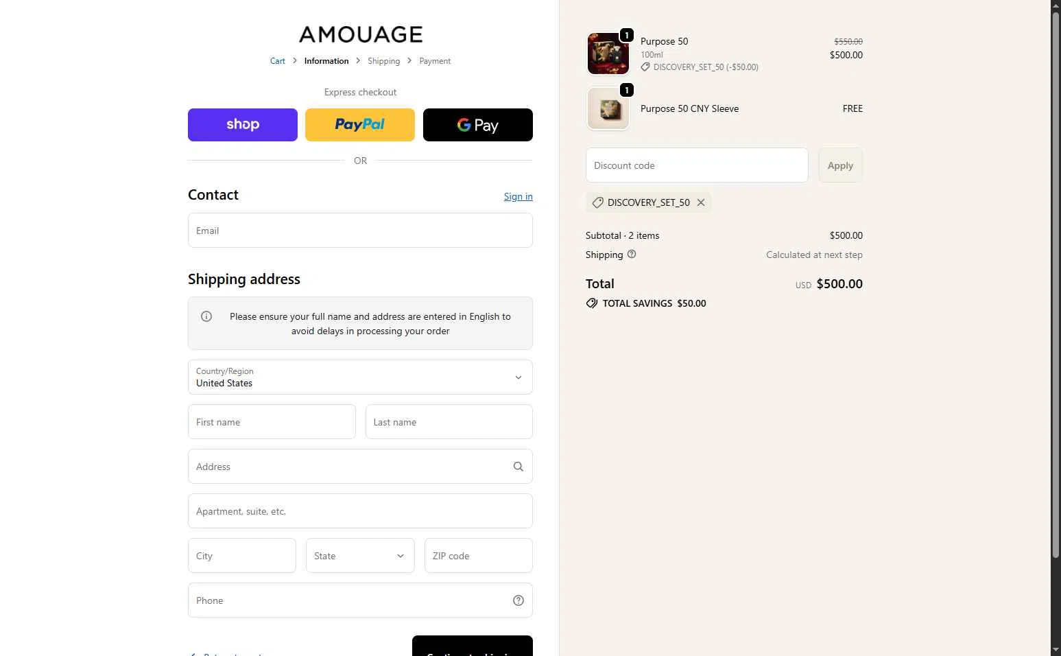 Amouage Fragrances checkout page showing Amouage Fragrances promo code box | Screenshot taken by SimplyCodes community member on Feb 18, 2026