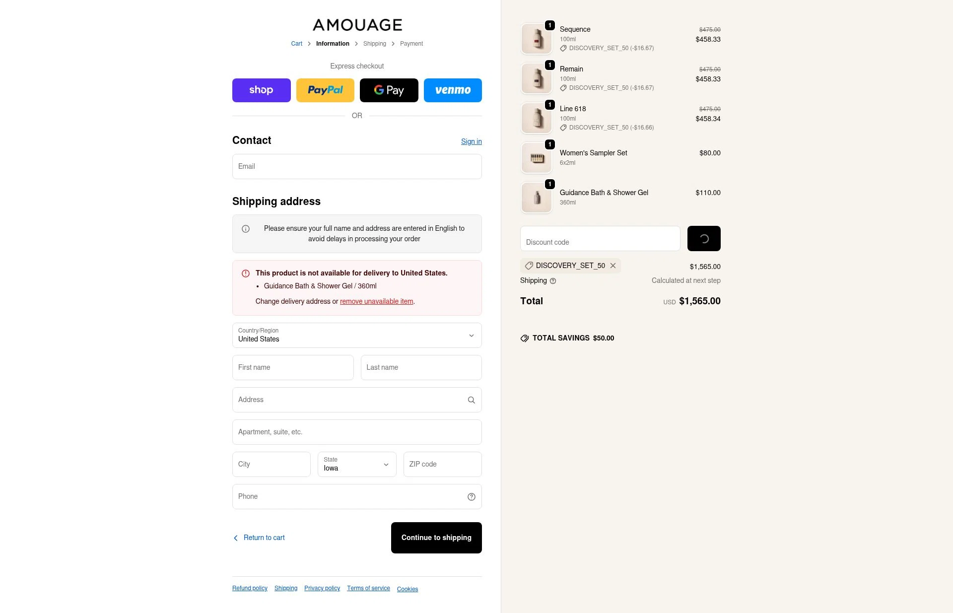 Amouage Fragrances checkout page showing Amouage Fragrances promo code box | Screenshot taken by SimplyCodes community member on Feb 3, 2026