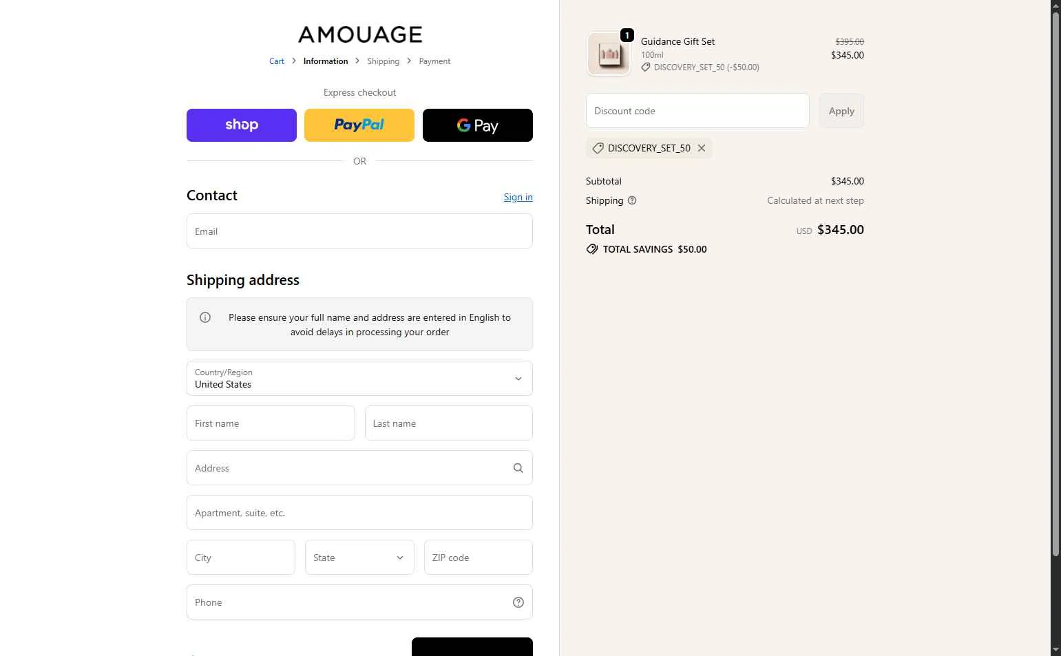 Amouage Fragrances checkout page showing Amouage Fragrances promo code box | Screenshot taken by SimplyCodes community member on Feb 23, 2026
