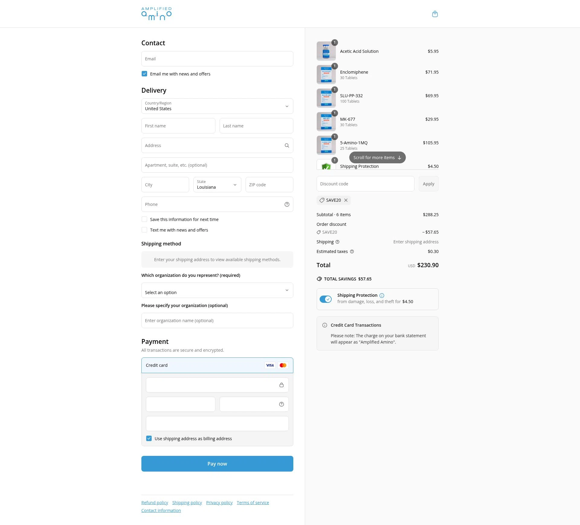 Amplified Amino checkout page showing Amplified Amino discount code box | Screenshot taken by SimplyCodes community member on Jun 26, 2025