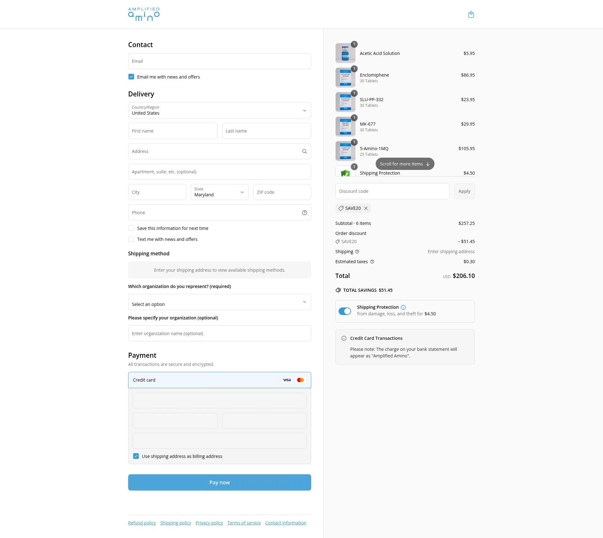 Amplified Amino checkout page showing Amplified Amino discount code box | Screenshot taken by SimplyCodes community member on Jun 22, 2025