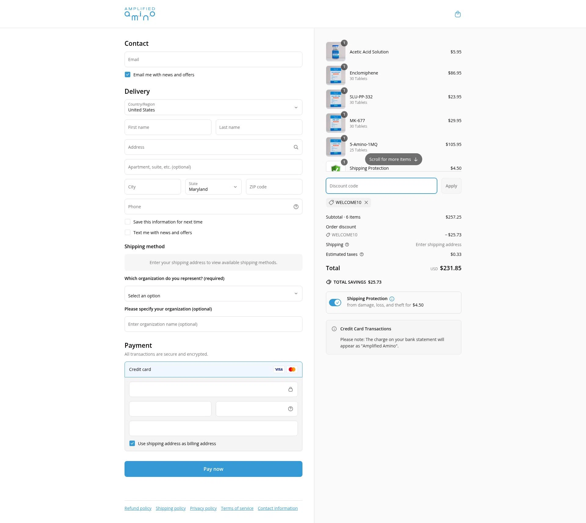 Amplified Amino checkout page showing Amplified Amino discount code box | Screenshot taken by SimplyCodes community member on Jun 22, 2025