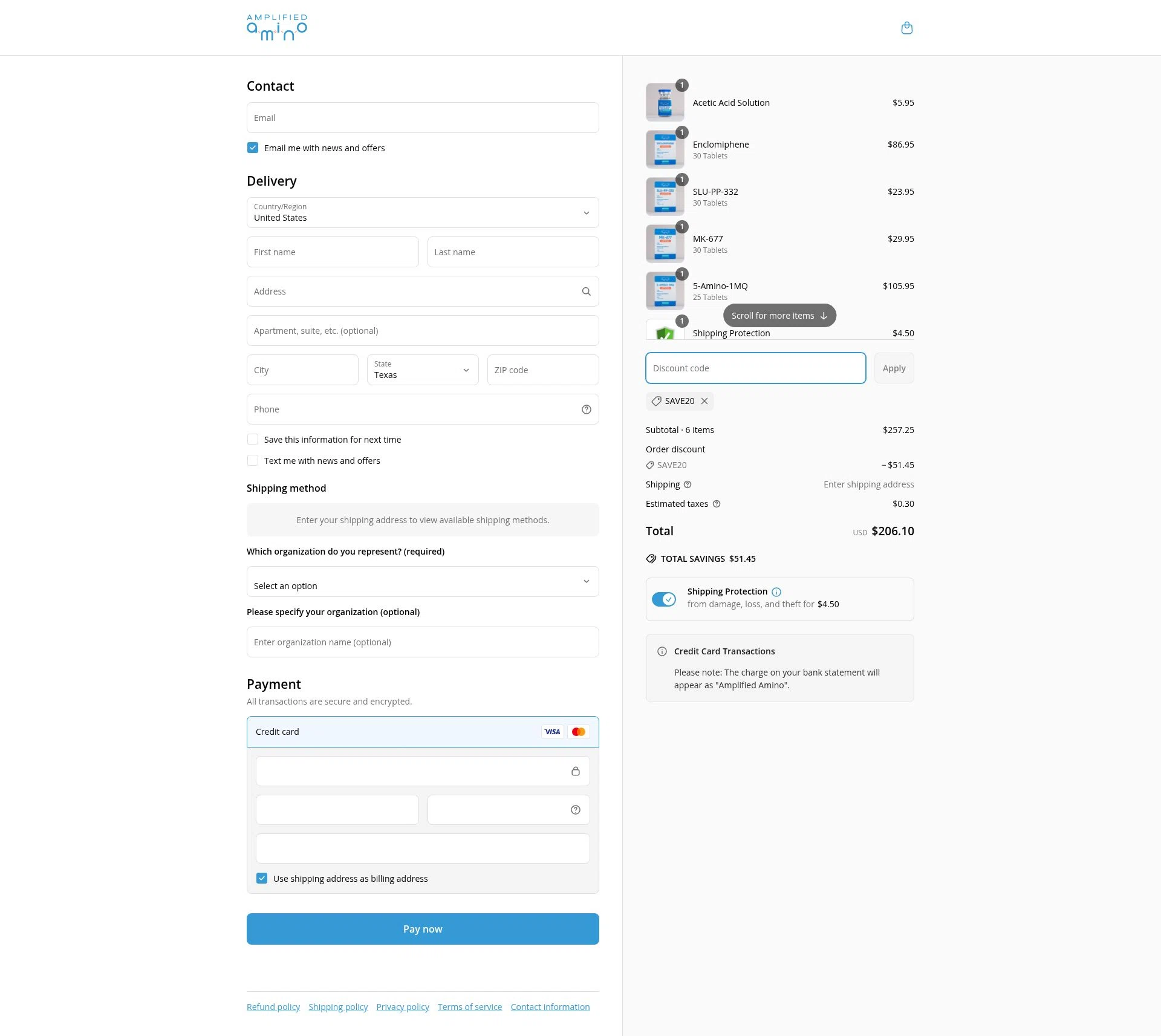 Amplified Amino checkout page showing Amplified Amino discount code box | Screenshot taken by SimplyCodes community member on Jun 19, 2025