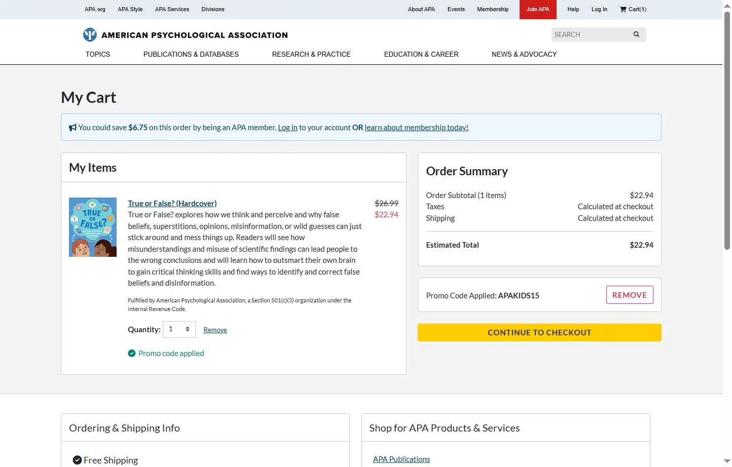 American Psychological Association checkout page showing American Psychological Association promo code box | Screenshot taken by SimplyCodes community member on Dec 15, 2025