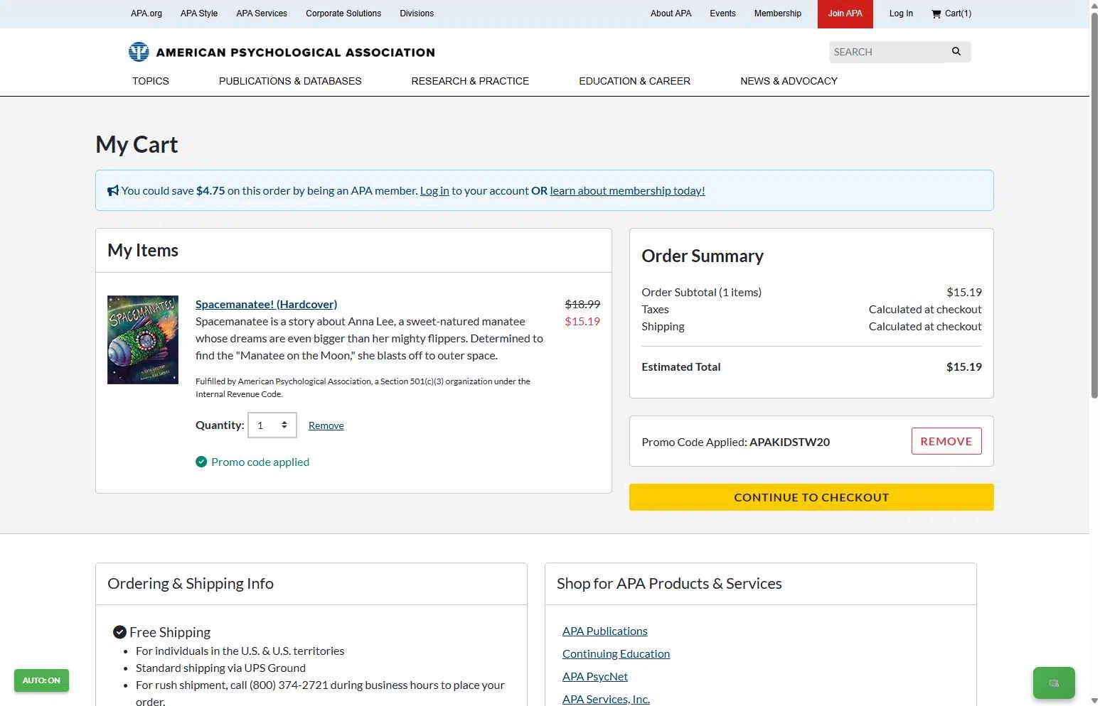American Psychological Association checkout page showing American Psychological Association promo code box | Screenshot taken by SimplyCodes community member on Jan 7, 2026