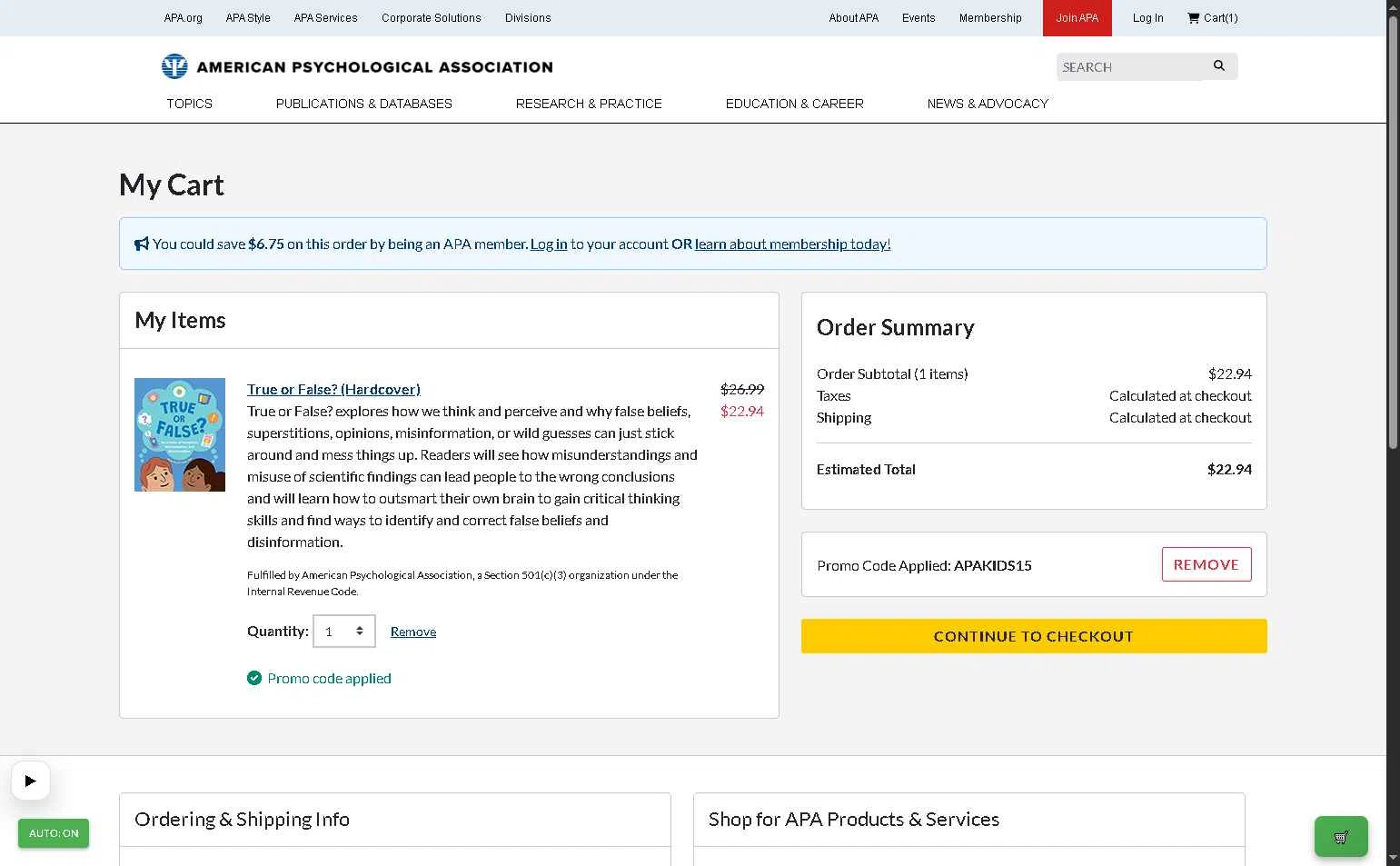 American Psychological Association checkout page showing American Psychological Association promo code box | Screenshot taken by SimplyCodes community member on Jan 2, 2026