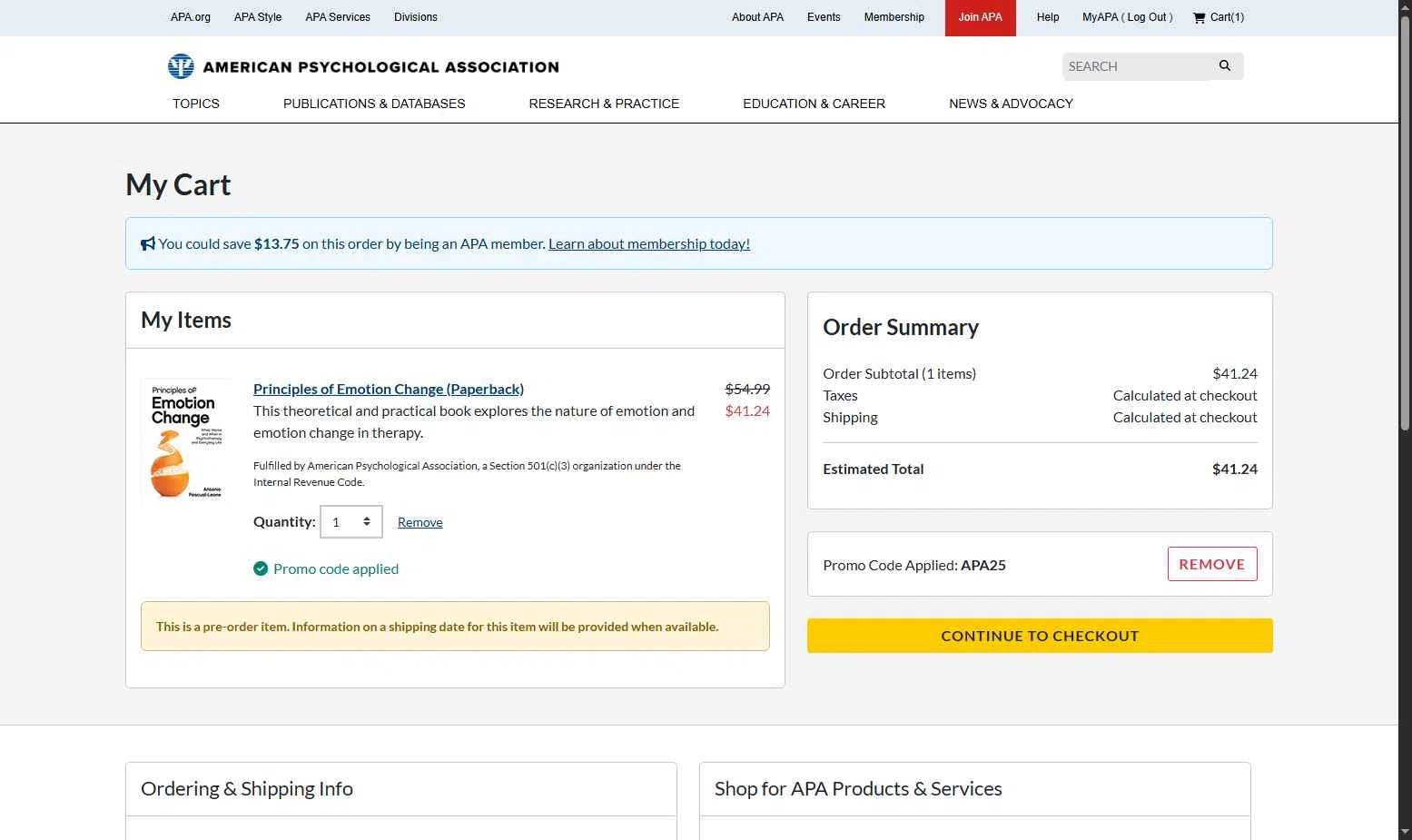 American Psychological Association checkout page showing American Psychological Association promo code box | Screenshot taken by SimplyCodes community member on Nov 8, 2025