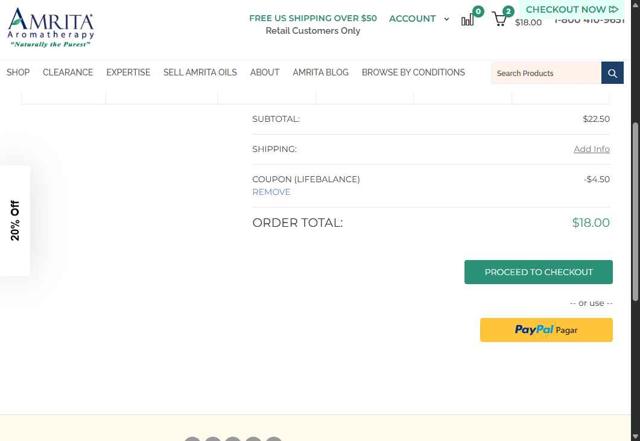 Amrita Aromatherapy checkout page showing Amrita Aromatherapy coupon code box | Screenshot taken by SimplyCodes community member on Aug 14, 2025