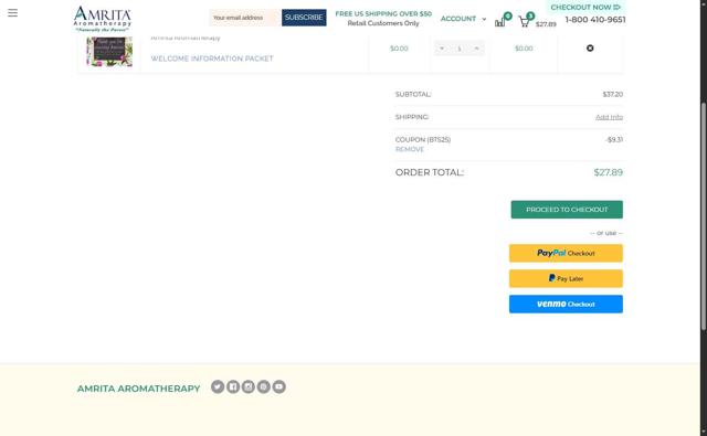 Amrita Aromatherapy checkout page showing Amrita Aromatherapy coupon code box | Screenshot taken by SimplyCodes community member on Aug 27, 2025