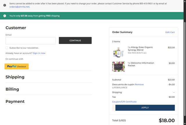 Amrita Aromatherapy checkout page showing Amrita Aromatherapy coupon code box | Screenshot taken by SimplyCodes community member on Jul 16, 2025