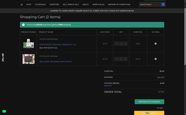 Amrita Aromatherapy checkout page showing Amrita Aromatherapy coupon code box | Screenshot taken by SimplyCodes community member on Aug 18, 2025